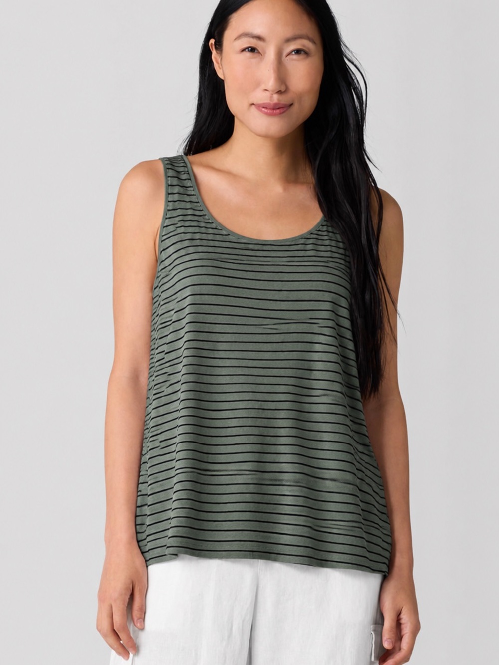 Eileen Fisher Organic Linen Stripe Jersey Long Tank Size XL Lagenlook Coastal